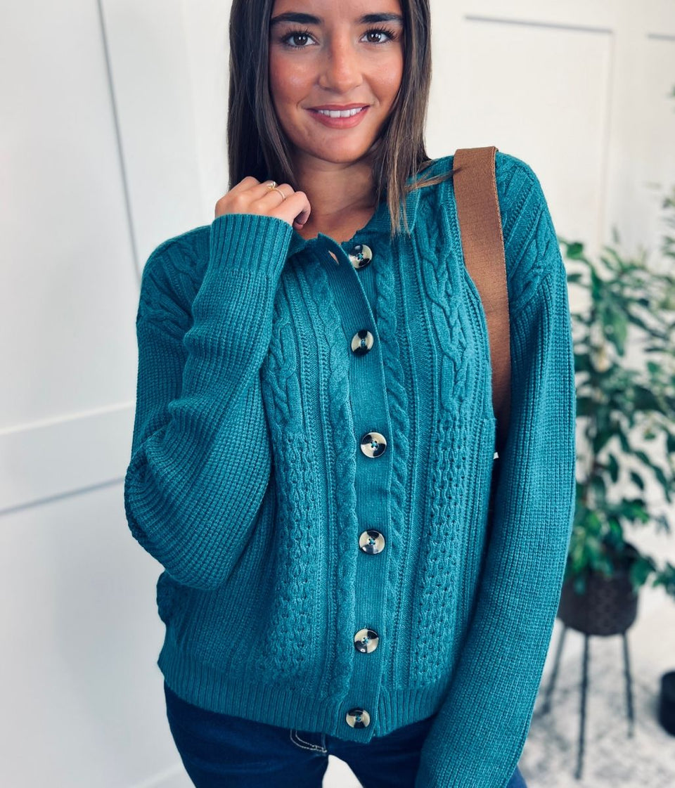 Teal Cable Contrast Cardigan