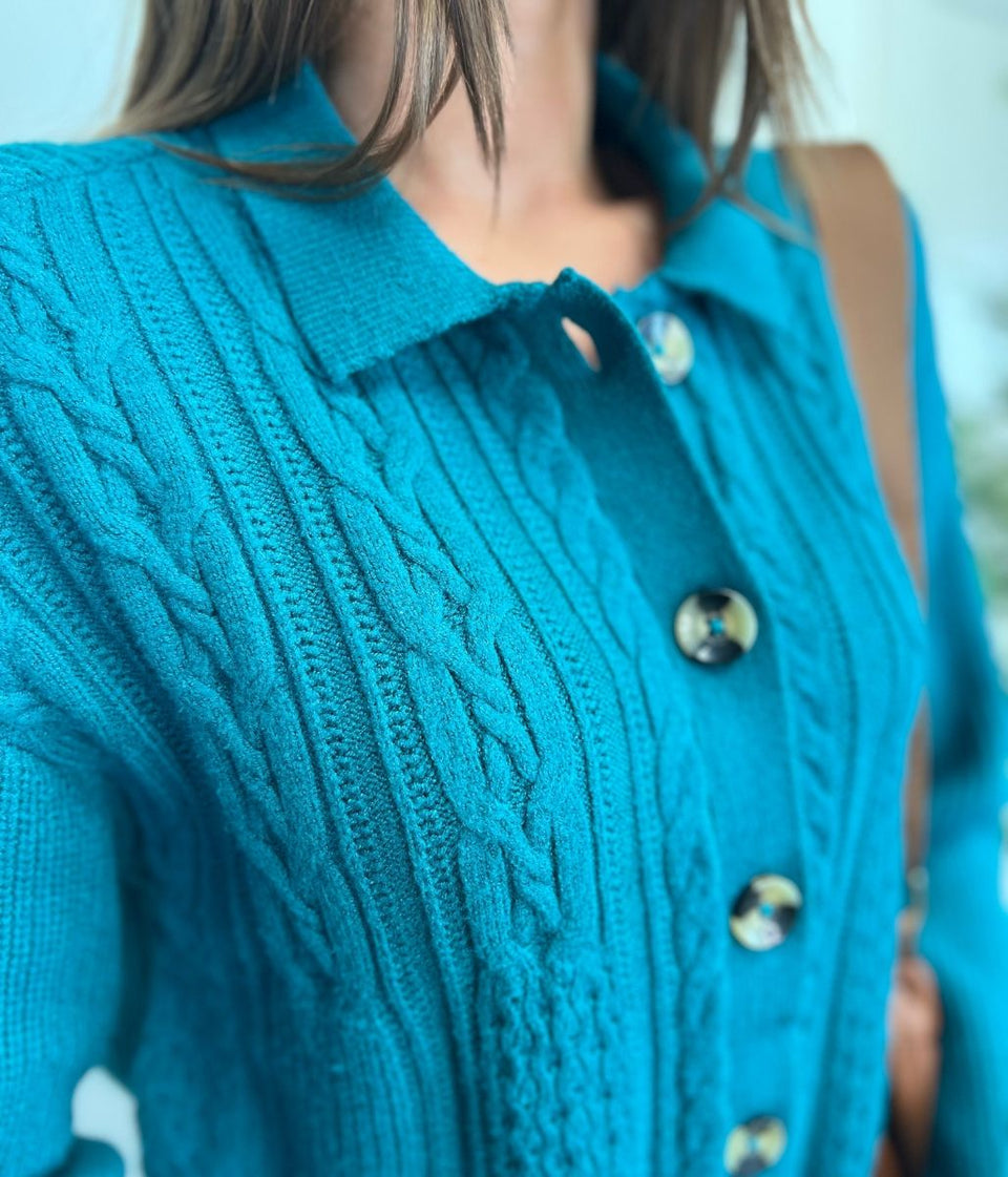 Teal Cable Contrast Cardigan