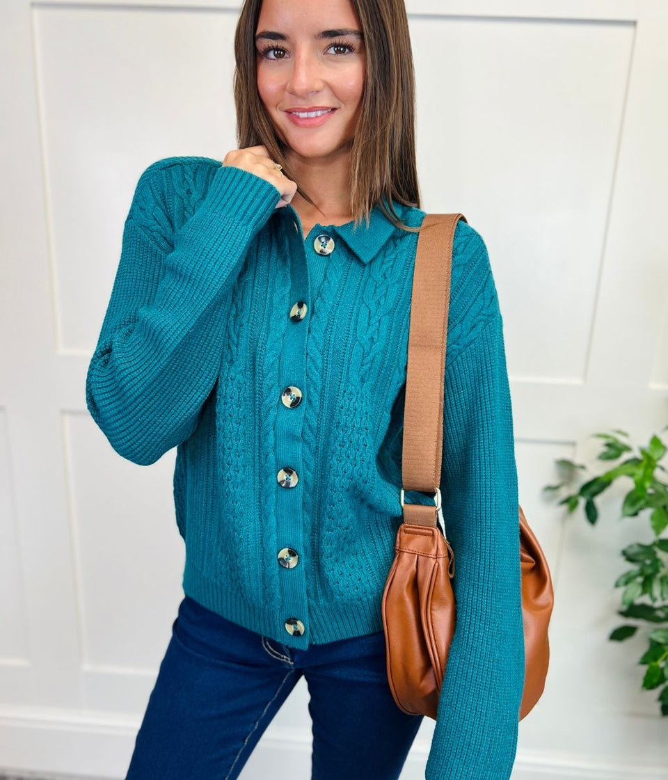 Teal Cable Contrast Cardigan