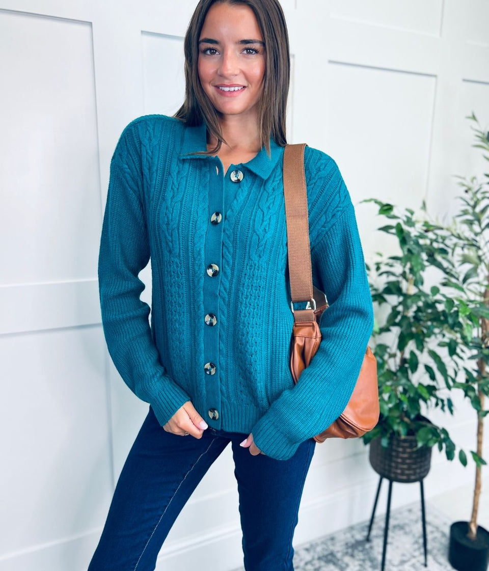 Teal Cable Contrast Cardigan