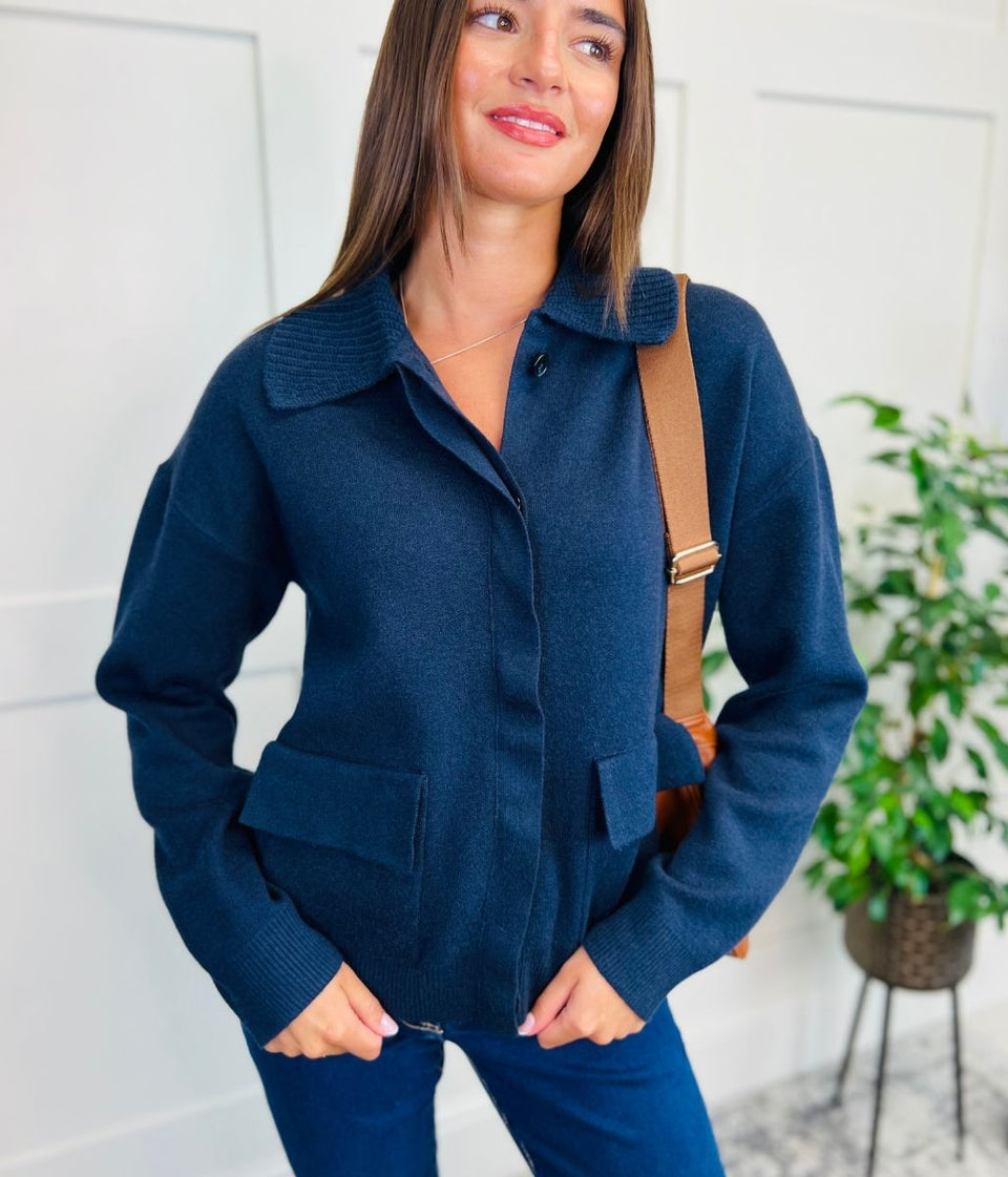 Navy Ribbed Collar Cardigan