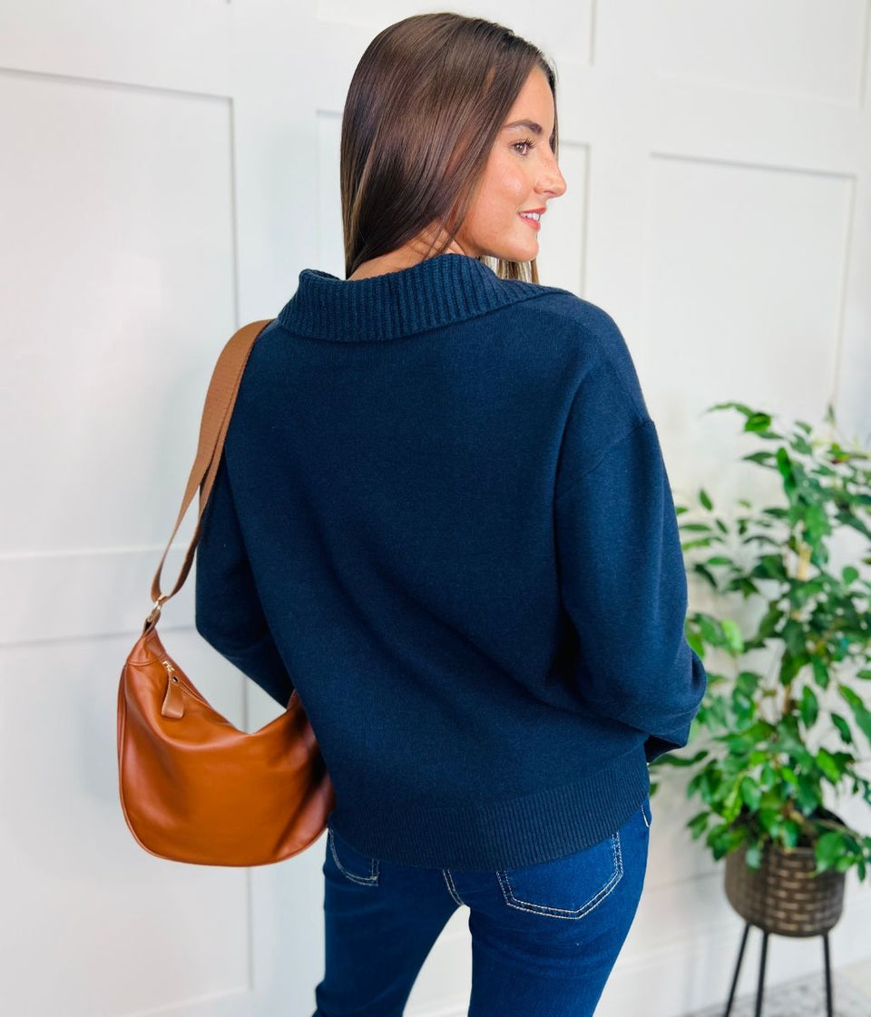 Navy Ribbed Collar Cardigan