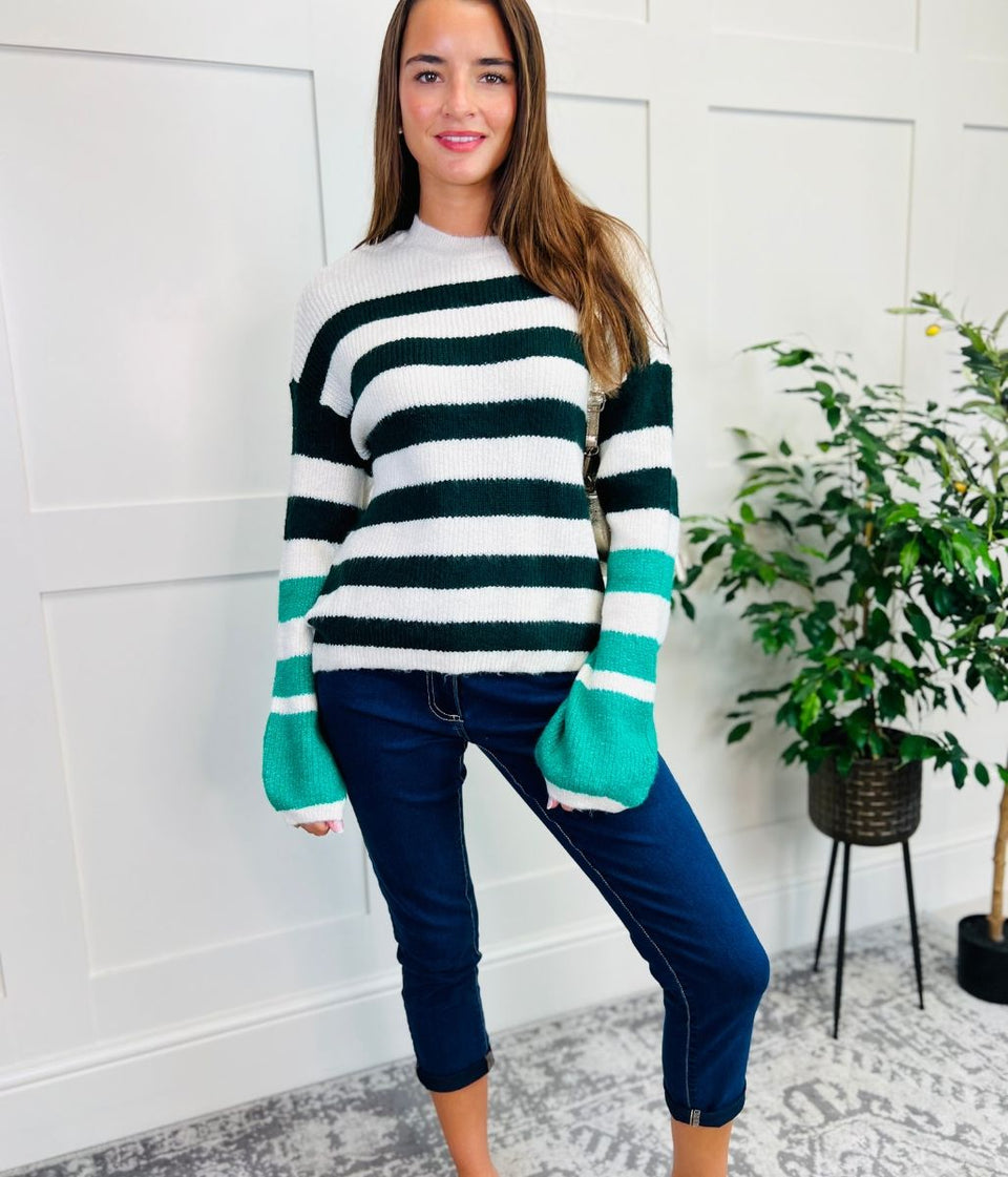 Green Contrast Stripe Knitted Jumper