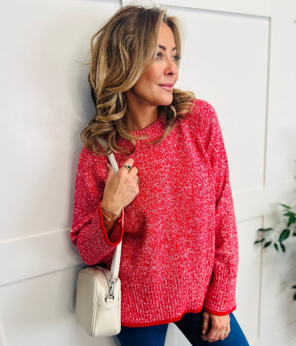 Red Textured Crew Neck Jumper