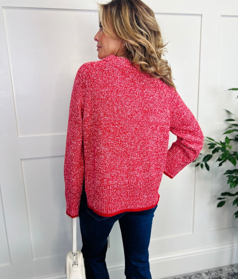 Red Textured Crew Neck Jumper