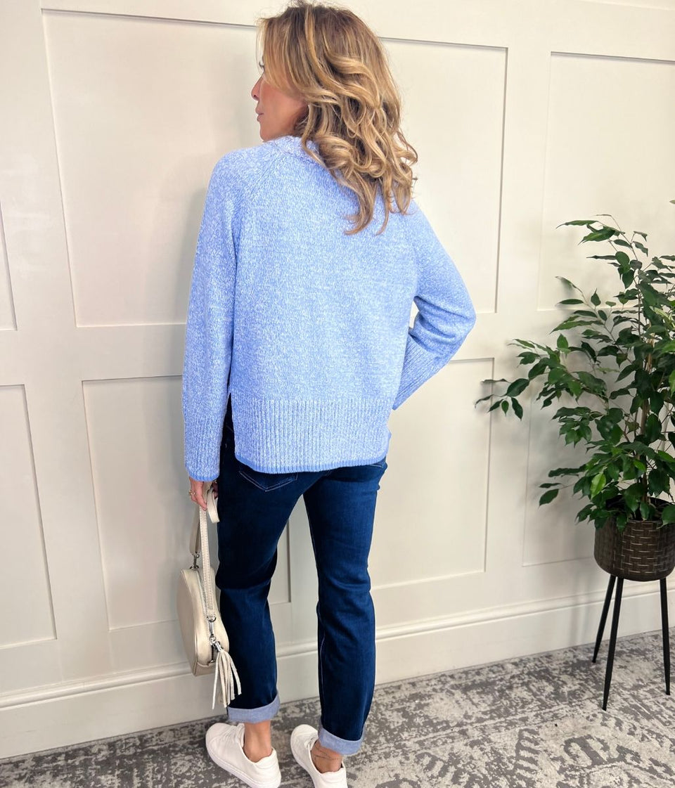 Blue Textured Crew Neck Jumper