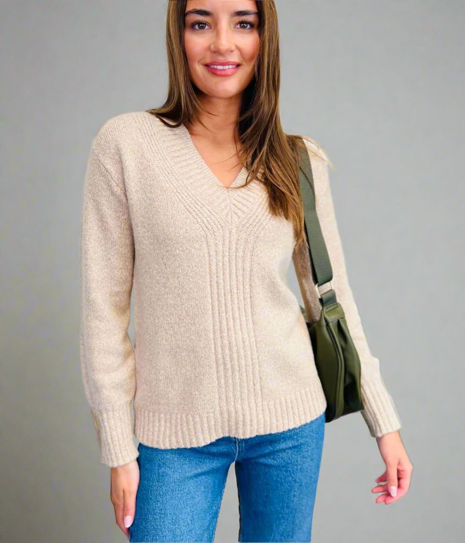 Women's Oatmeal Lurex V Neck Jumper 