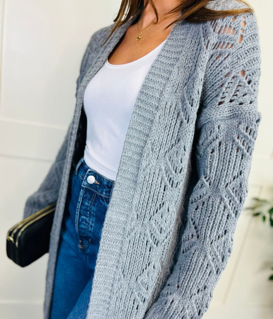 Grey Crochet Knit Longline Cardigan