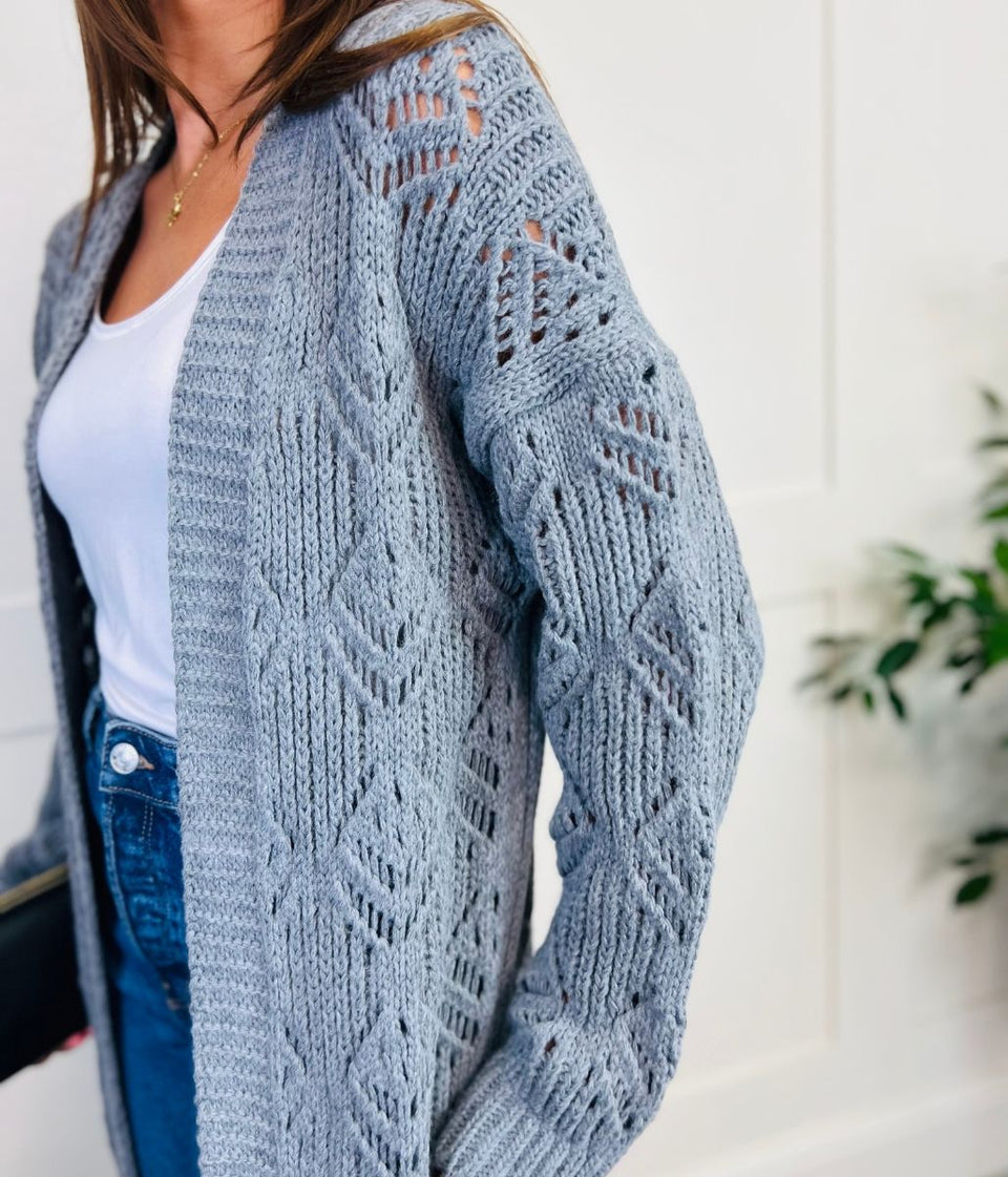 Grey Crochet Knit Longline Cardigan