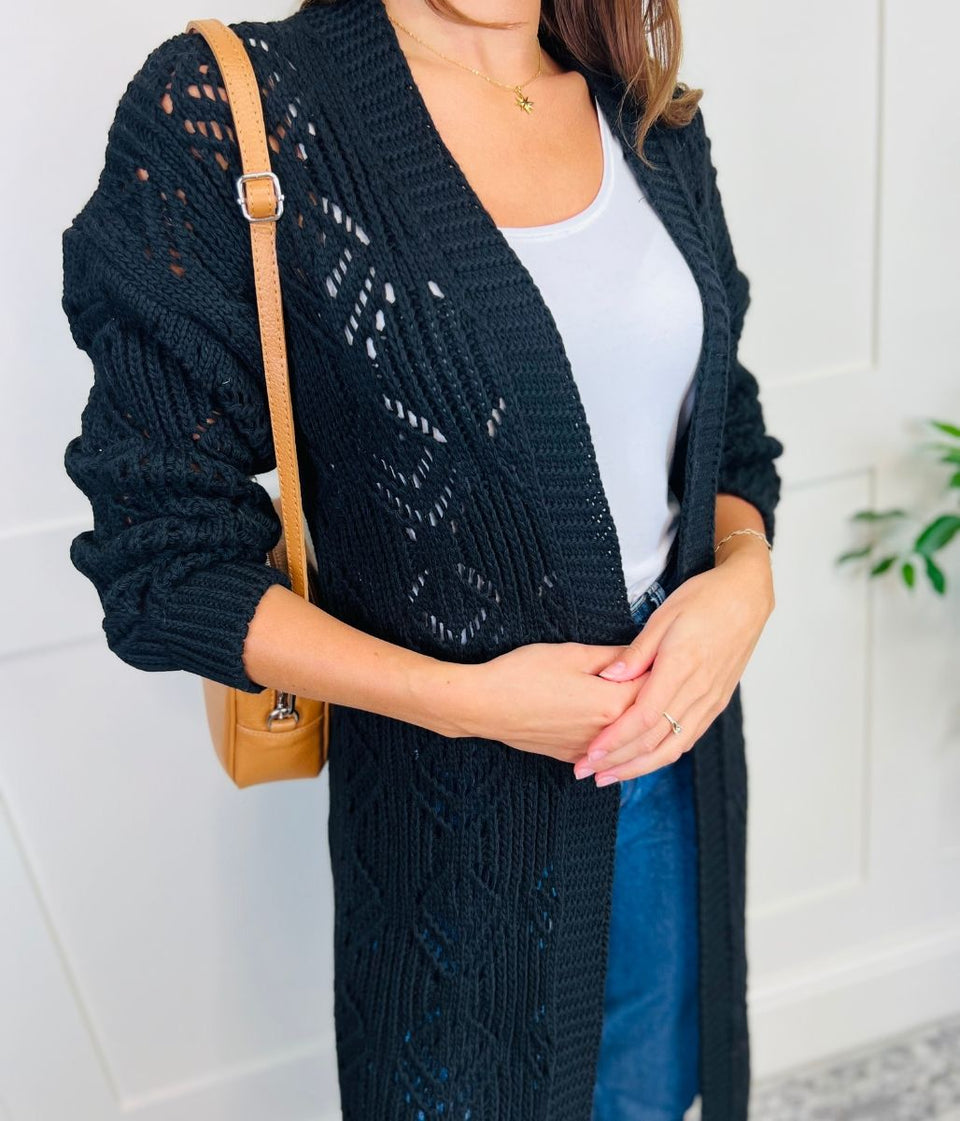 Black Crochet Knit Longline Cardigan