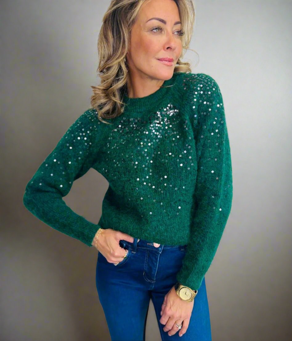 Womens  bottle green sequined jumper