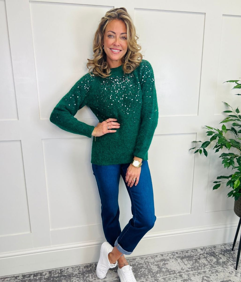 Green Sequin Crew Neck Jumper