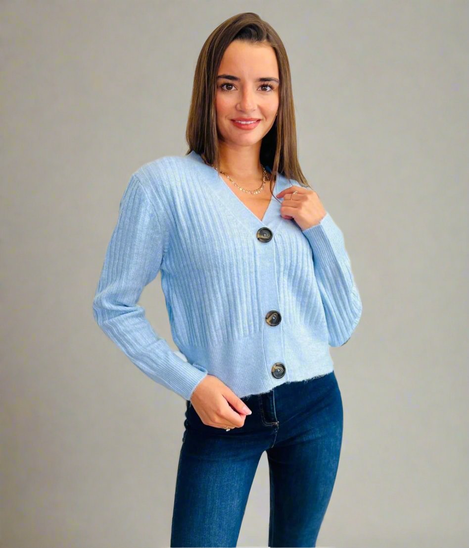 womens Blue ribbed knit cardigan