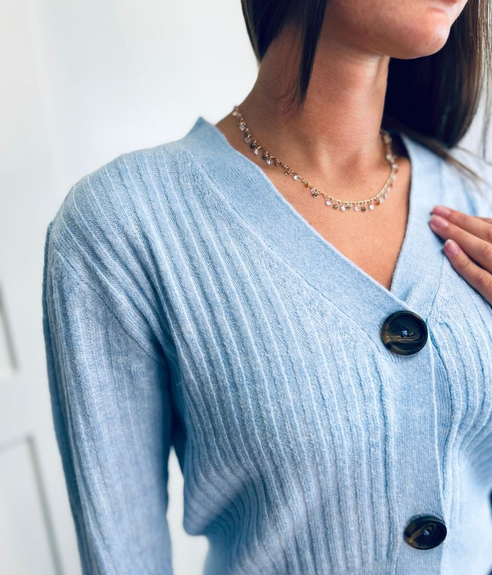 Blue Ribbed Knit Button Cardigan