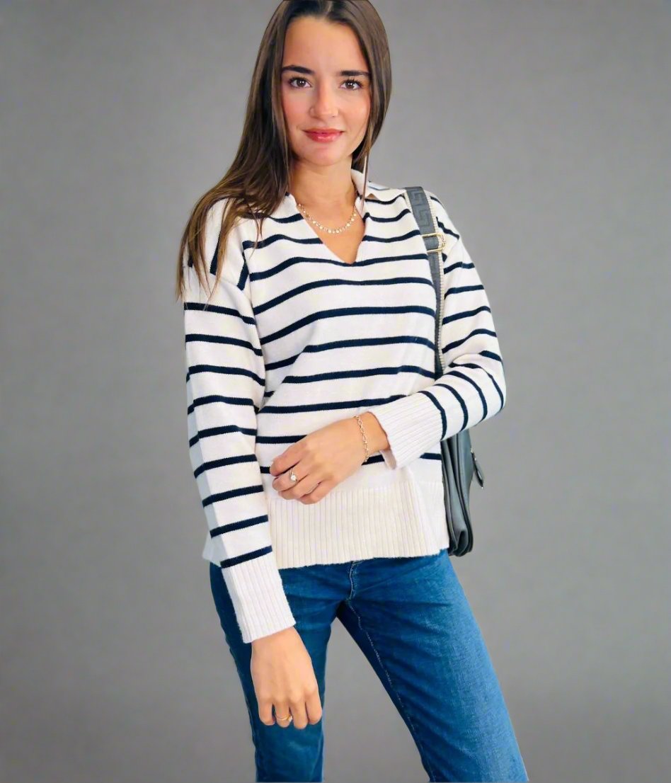 navy and white striped jumper