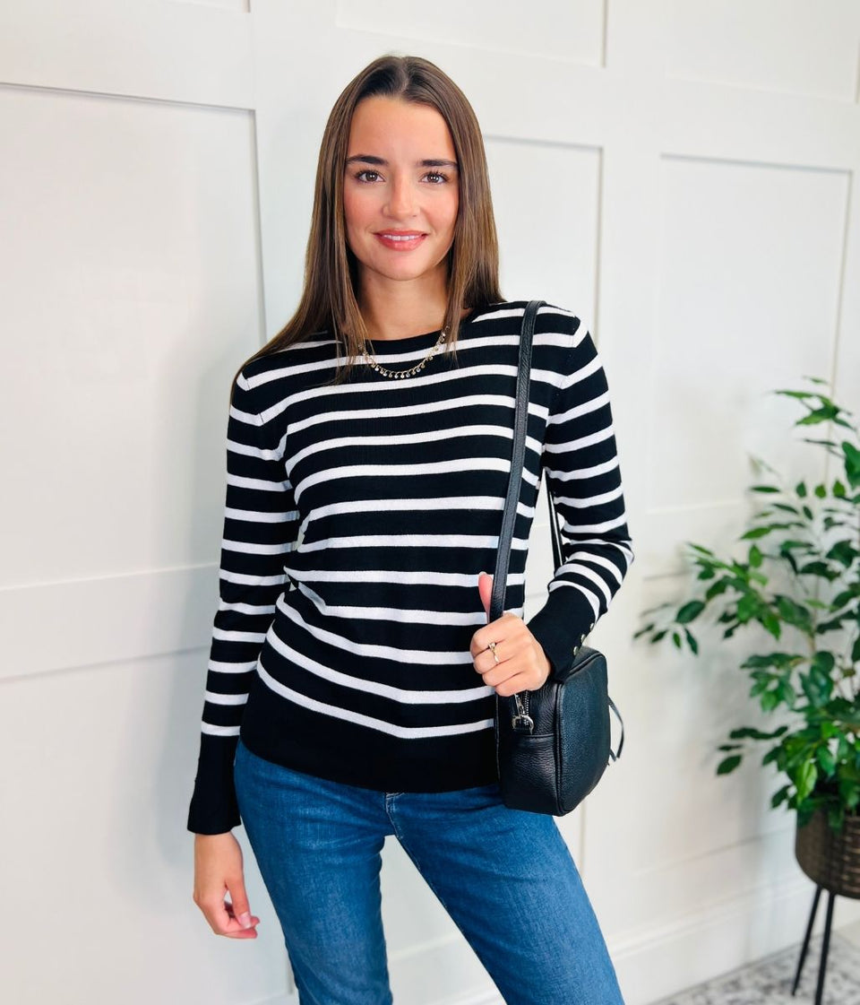 Black & White Striped Button Cuff Jumper