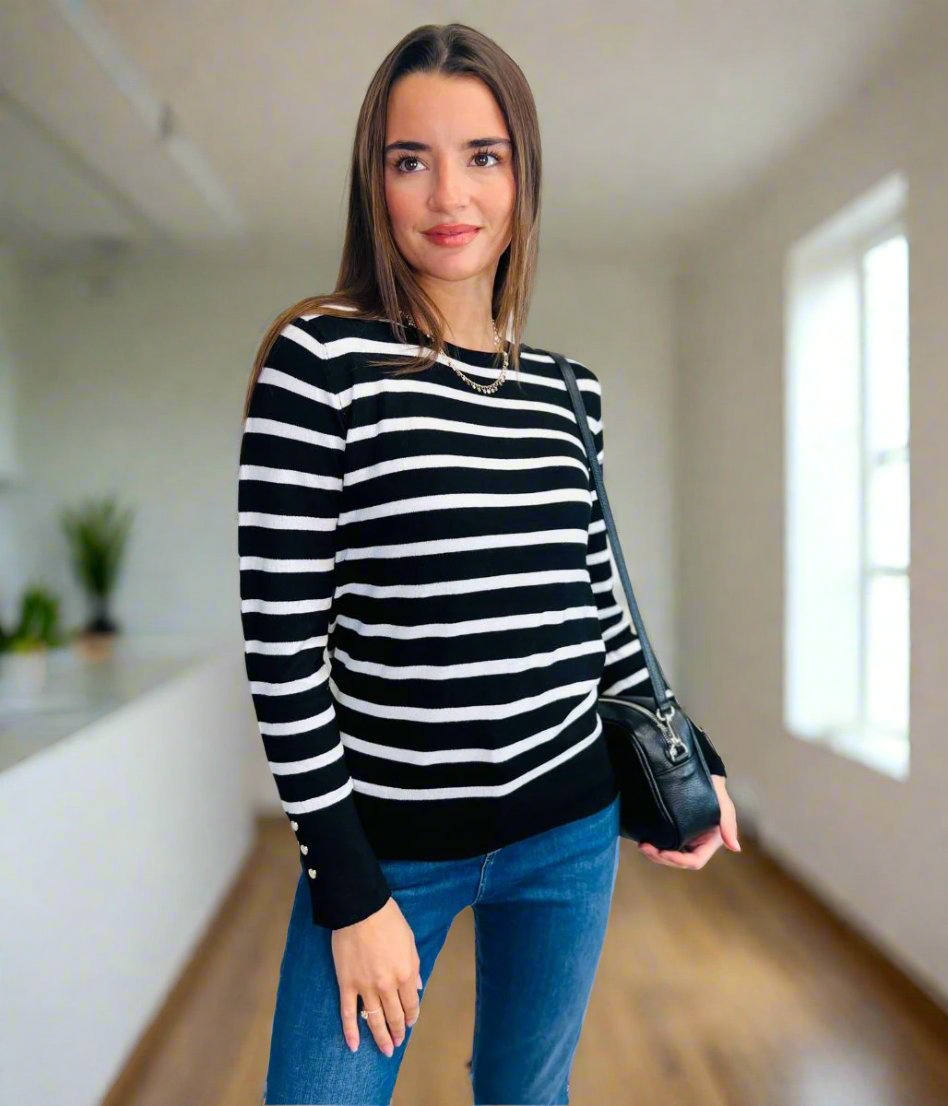 Black & White Striped Button Cuff Jumper