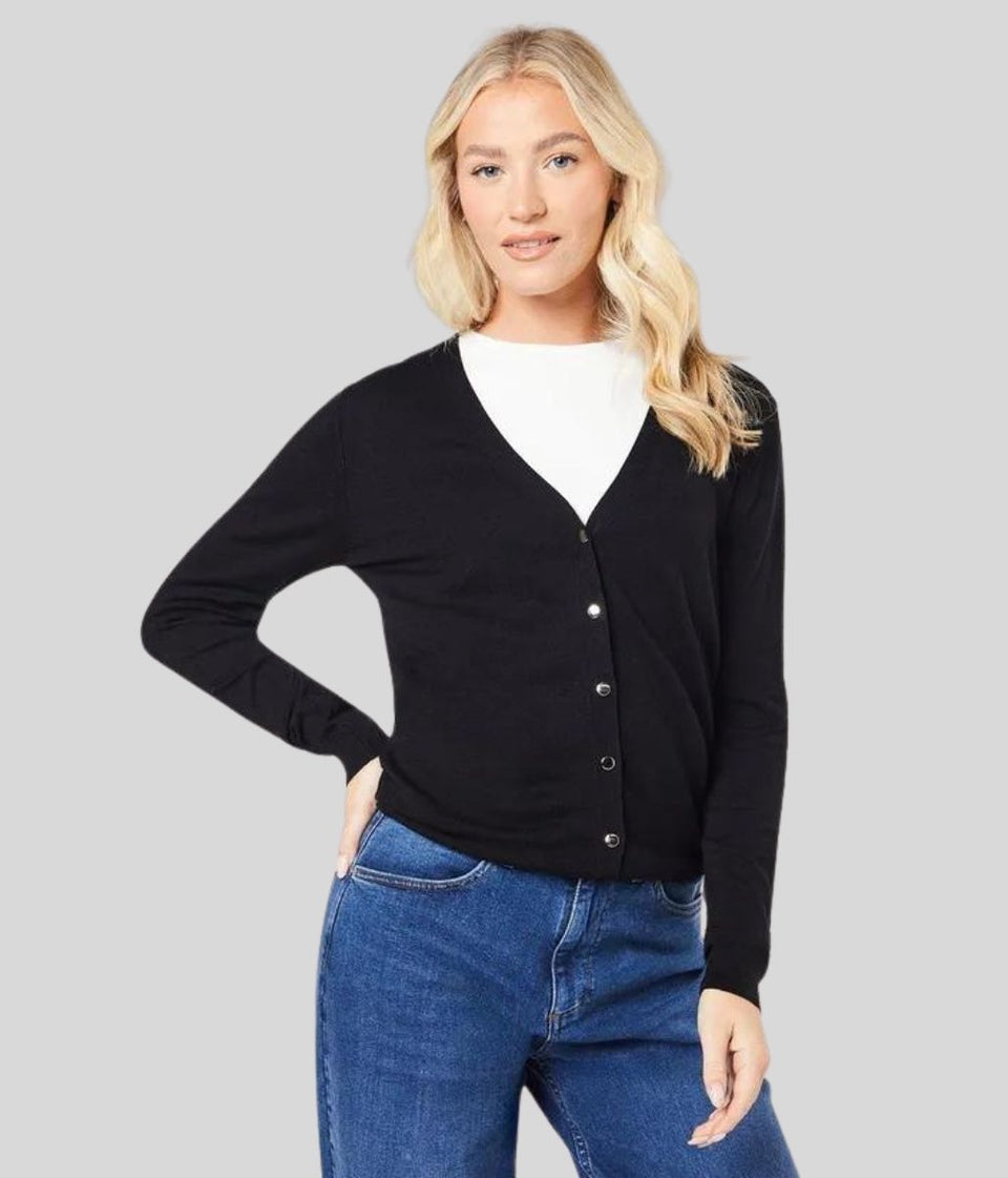 Black V Neck Button Cardigan