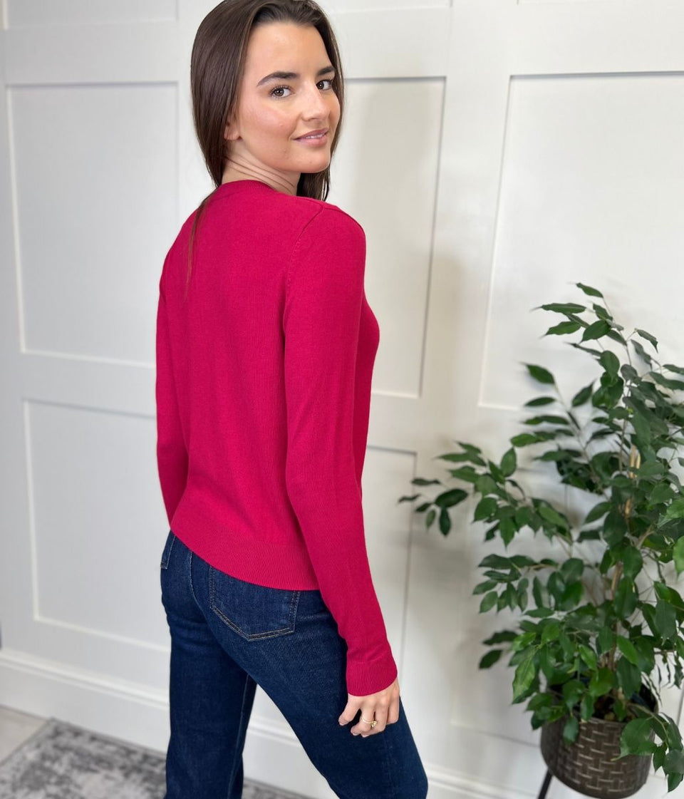 Cerise Classic Round Neck Cardigan