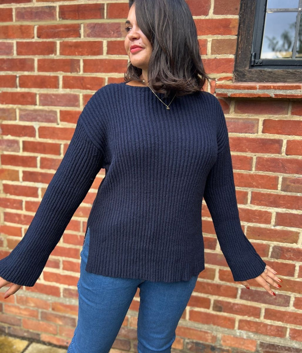 Navy Ribbed Boat Neck Jumper