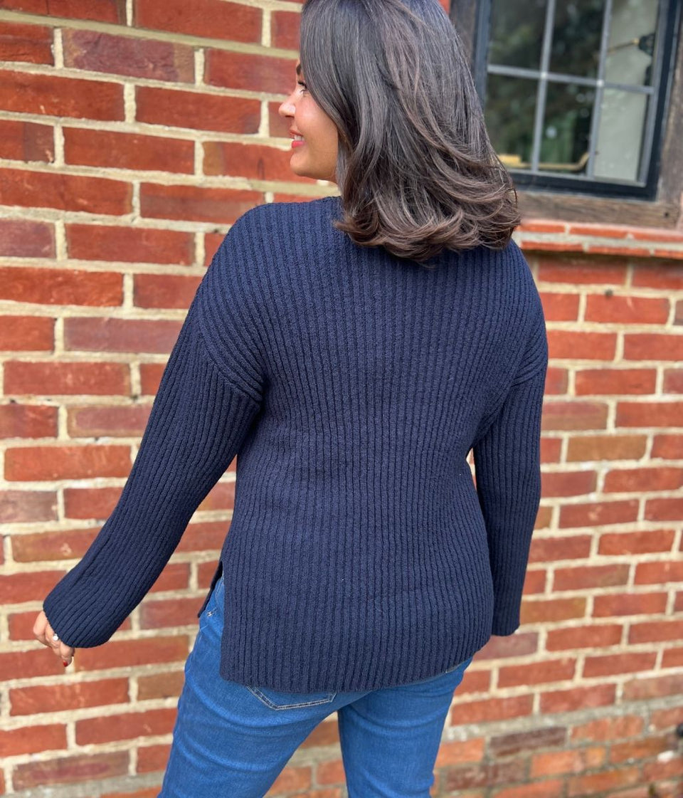 Navy Ribbed Boat Neck Jumper