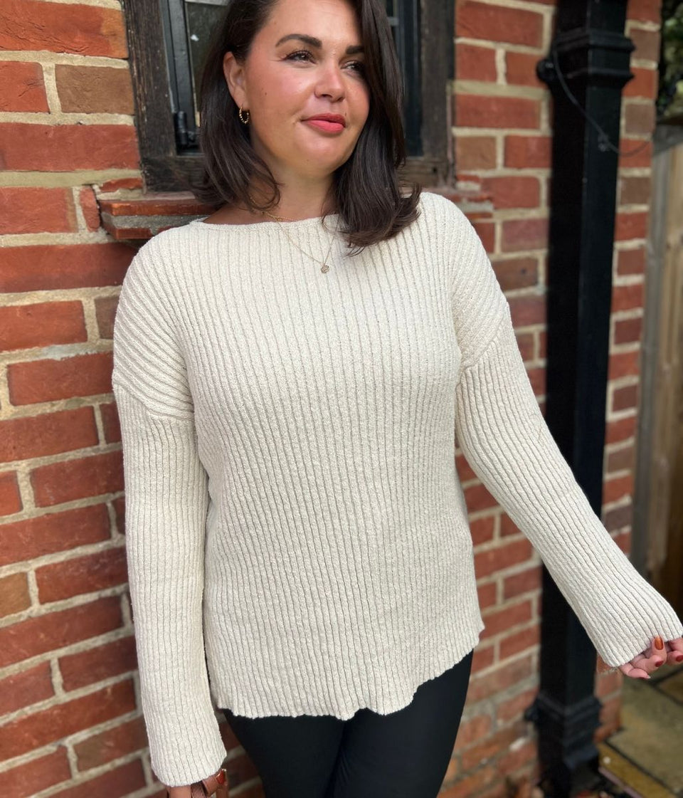 Ivory Ribbed Boat Neck Jumper