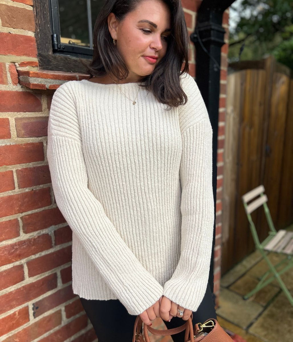 Ivory Ribbed Boat Neck Jumper