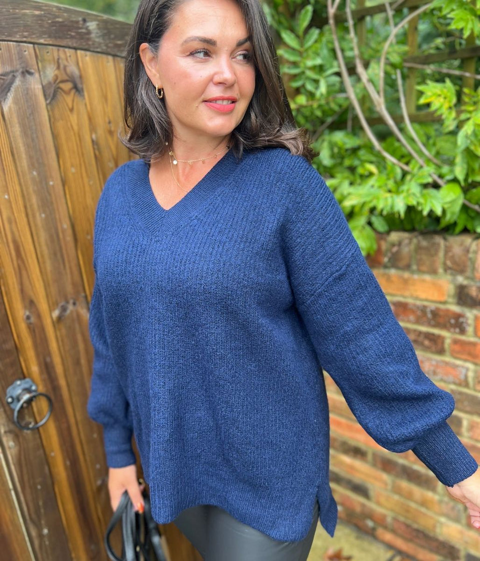 Navy Ribbed V Neck Jumper