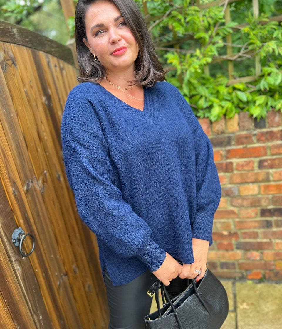 Navy Ribbed V Neck Jumper