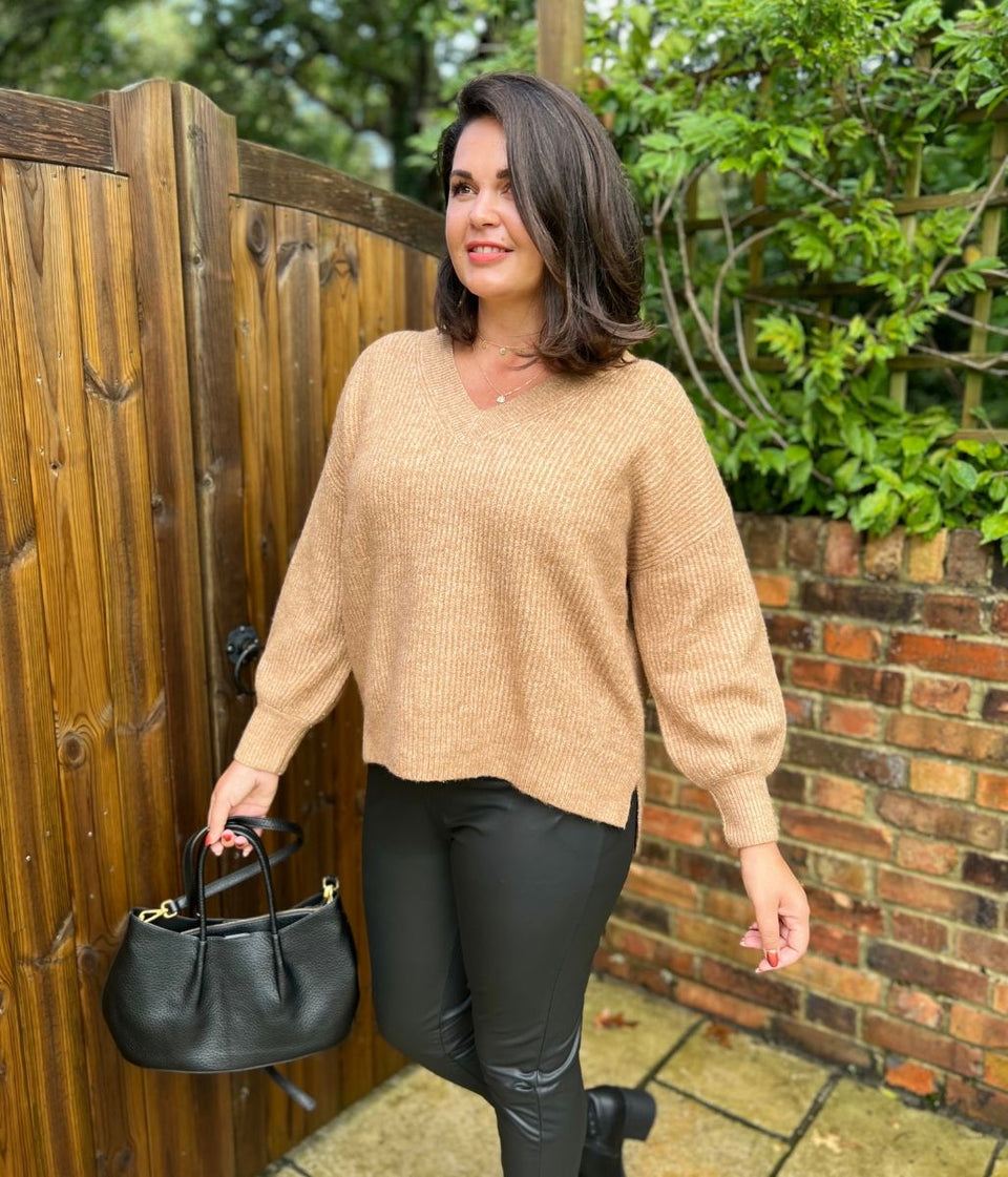 Biscuit Ribbed V Neck Jumper