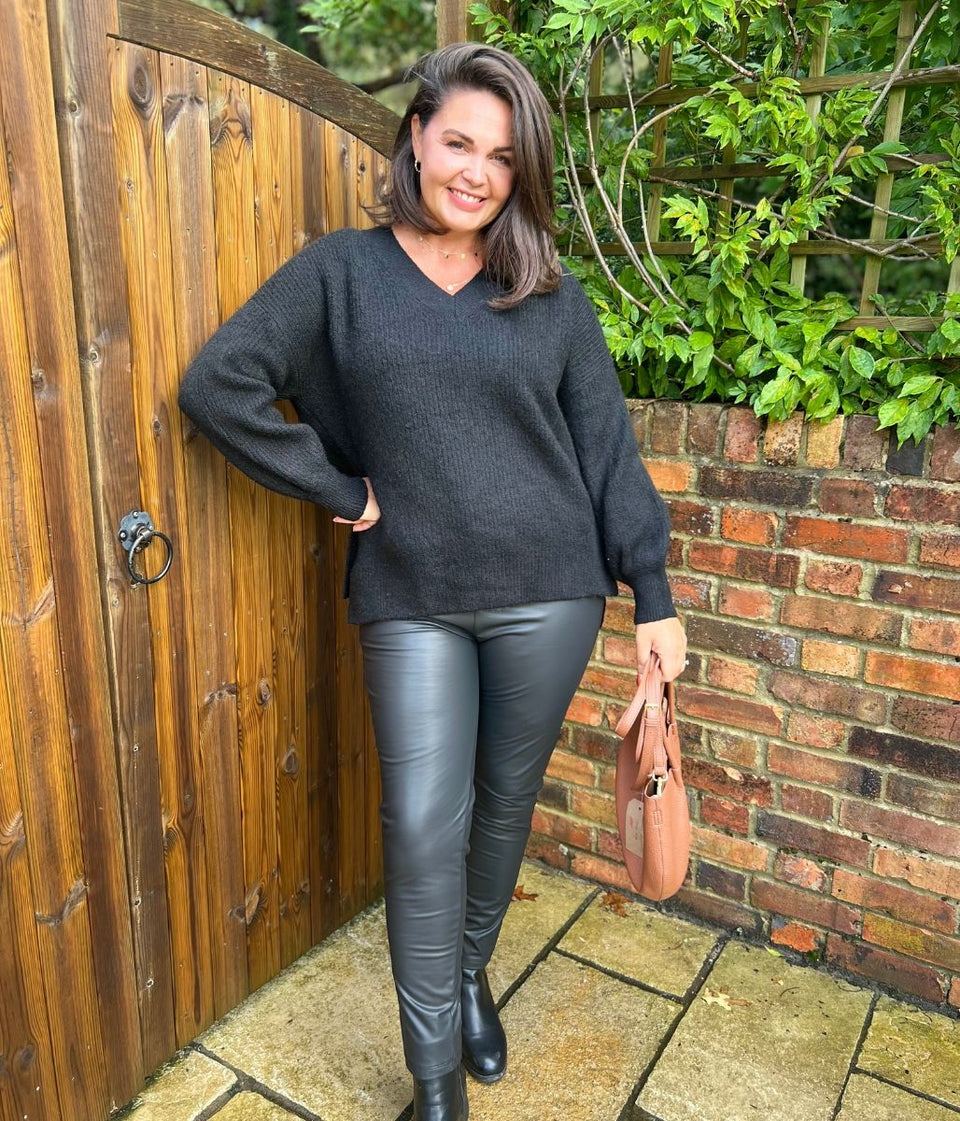 Black Ribbed V Neck Jumper