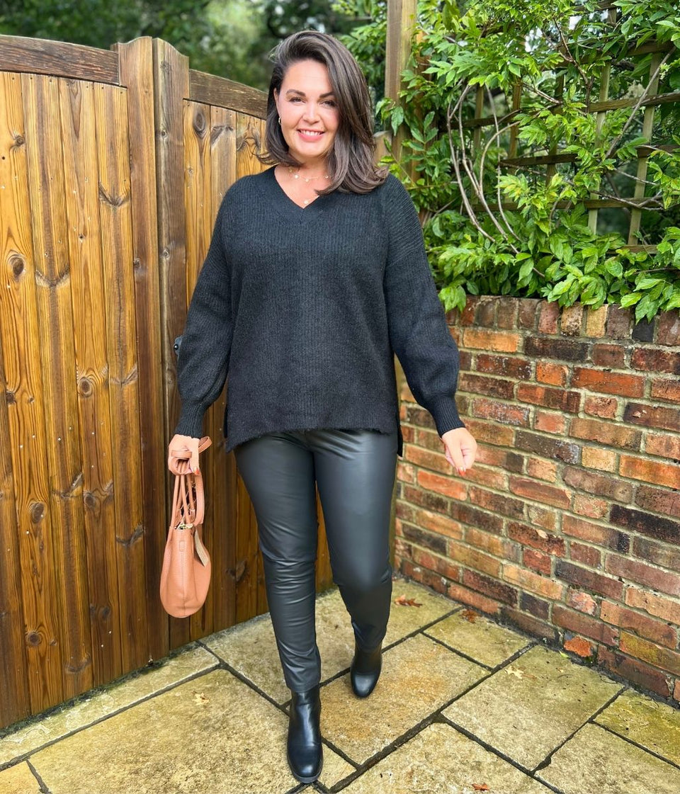 Black Ribbed V Neck Jumper