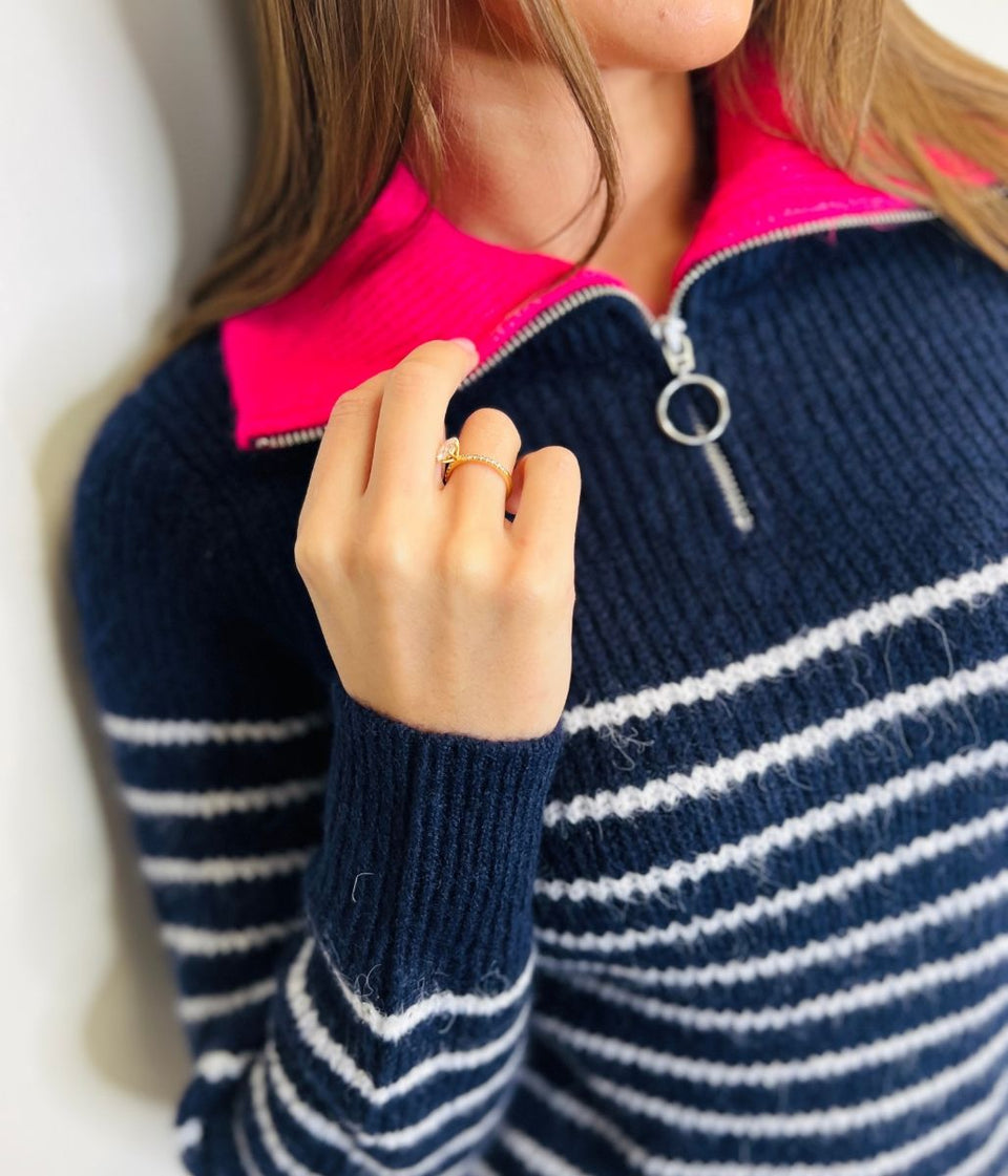 Navy Striped 1/4 Zip Contrast Collar Jumper