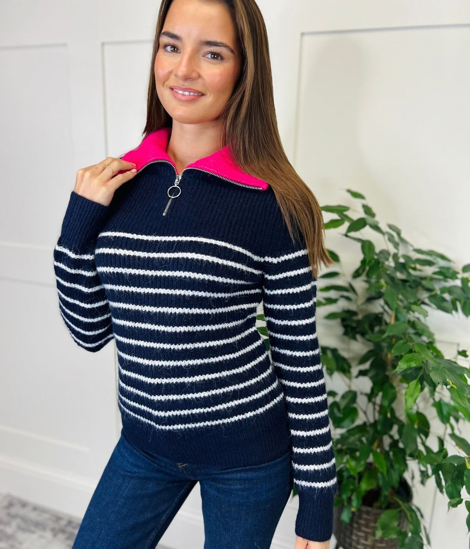 Navy Striped 1/4 Zip Contrast Collar Jumper