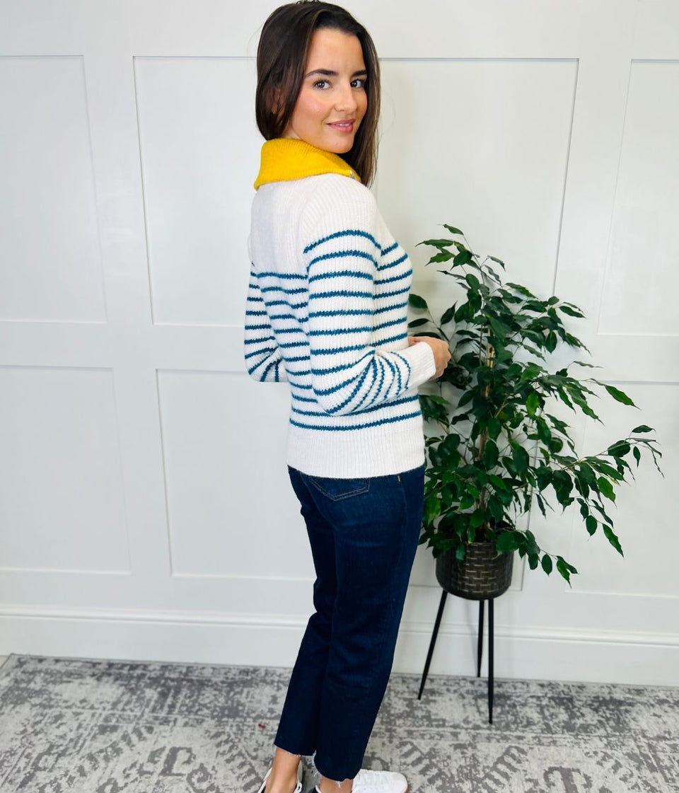 Ivory Striped 1/4 Zip Contrast Collar Jumper