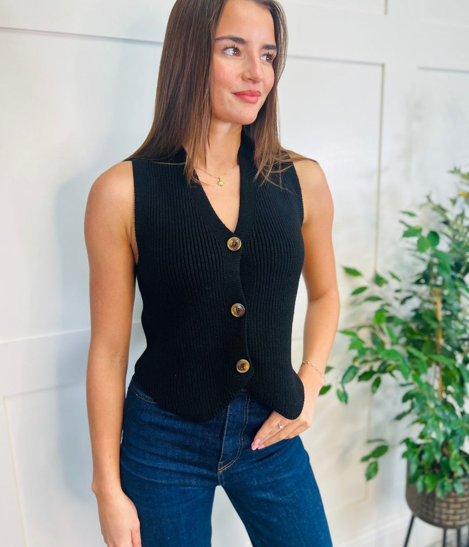 Black Cropped Knitted Waistcoat