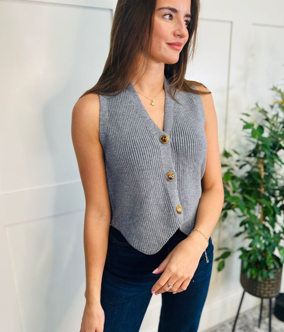 Grey Cropped Knitted Waistcoat