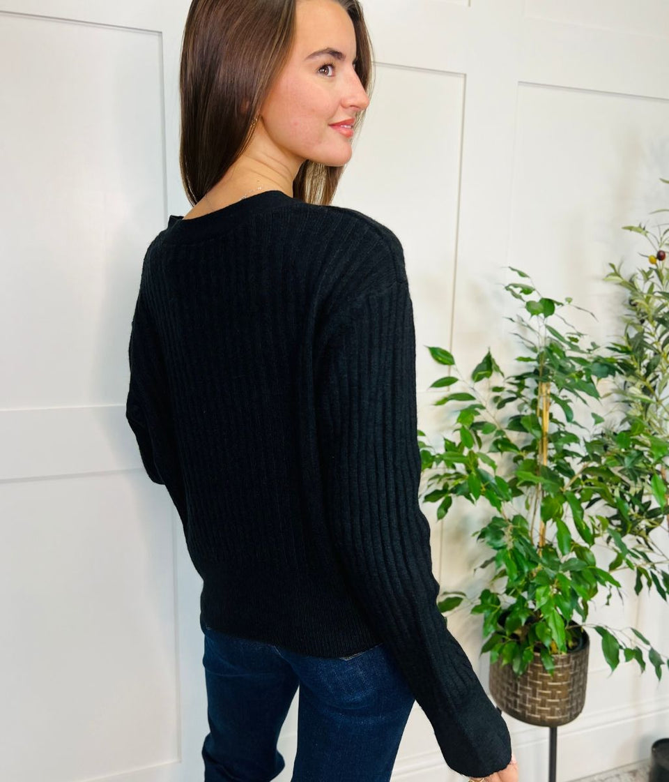 Black Ribbed Knit Button Cardigan