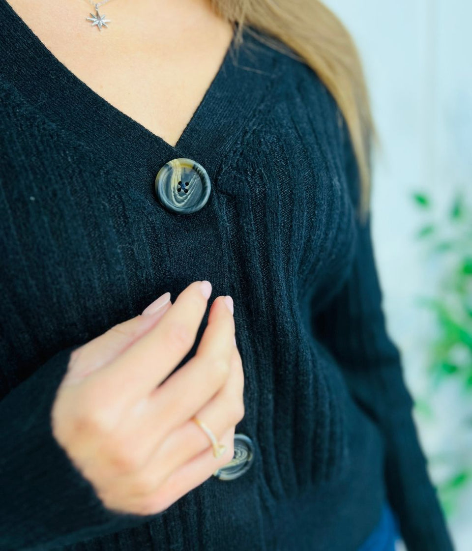 Black Ribbed Knit Button Cardigan