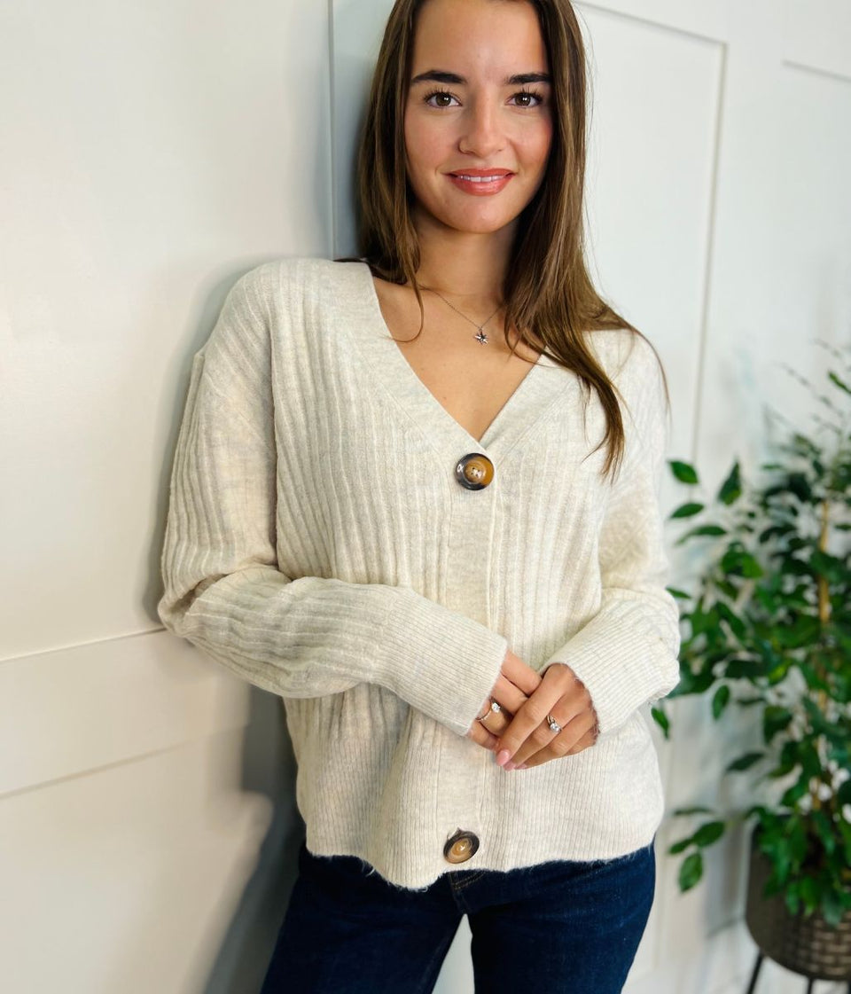 Ecru Ribbed Knit Button Cardigan