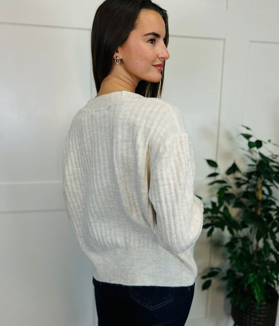 Ecru Ribbed Knit Button Cardigan