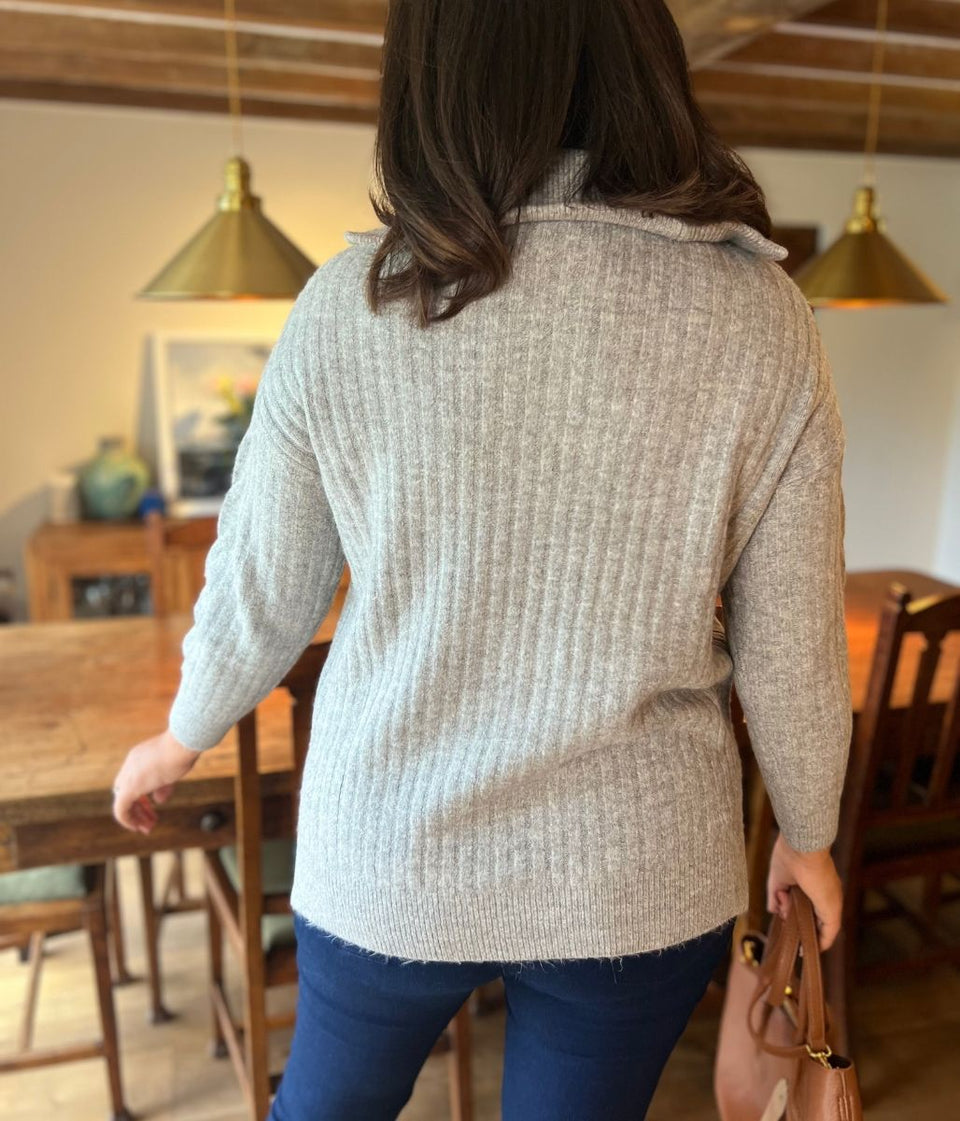 Grey Half Zip Ribbed Cable Jumper