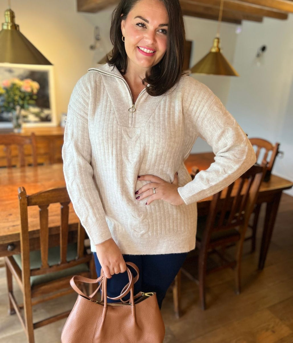 Oatmeal Half Zip Ribbed Cable Jumper