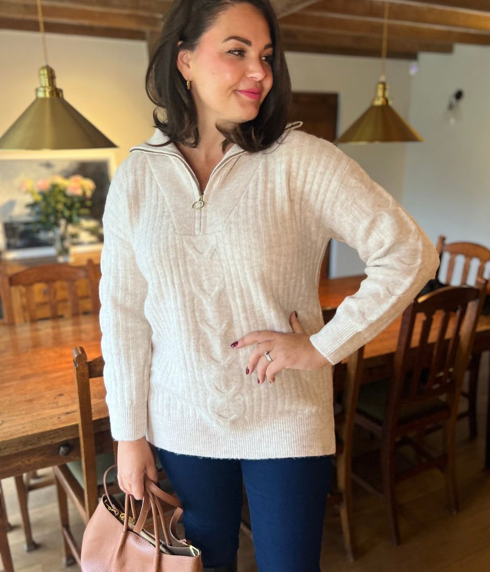 Oatmeal Half Zip Ribbed Cable Jumper