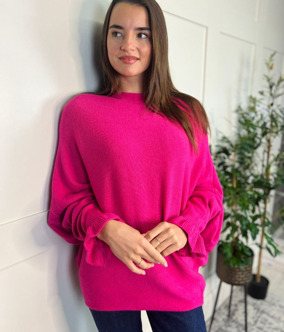 Pink Ruffle Sleeve Batwing Jumper