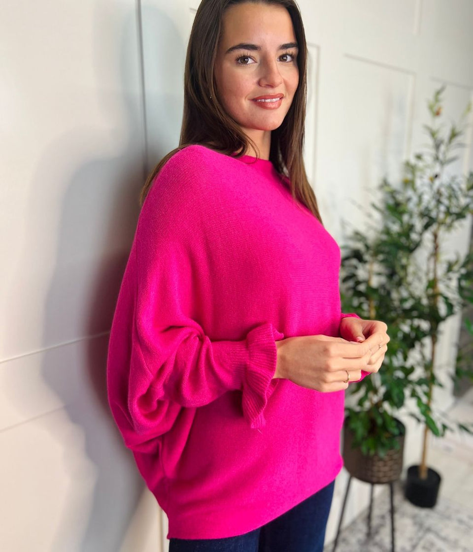 Pink Ruffle Sleeve Batwing Jumper