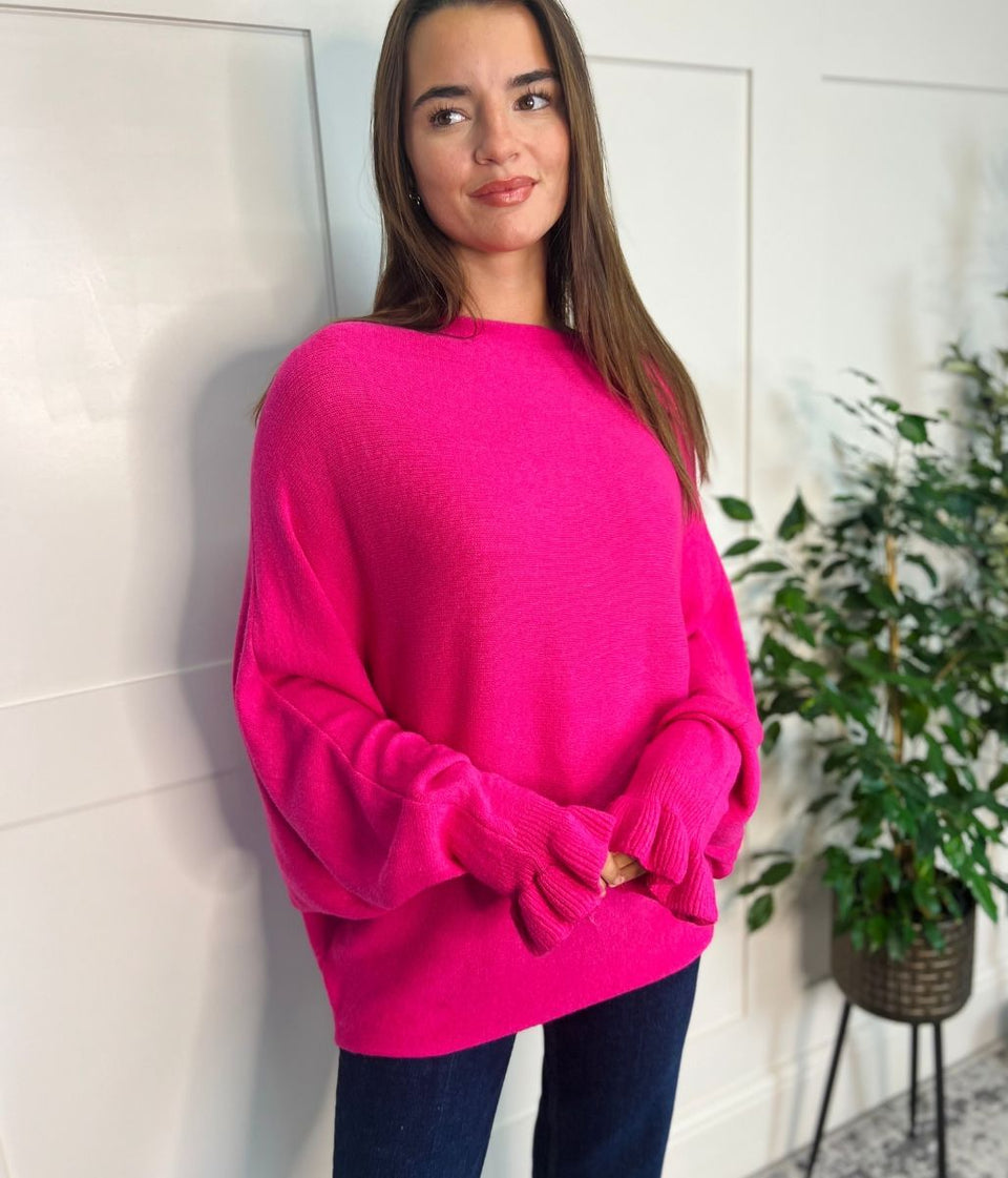 Pink Ruffle Sleeve Batwing Jumper