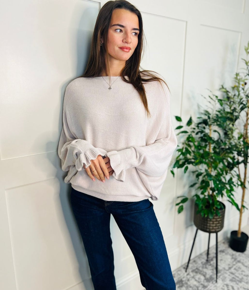 Ivory Ruffle Sleeve Batwing Jumper