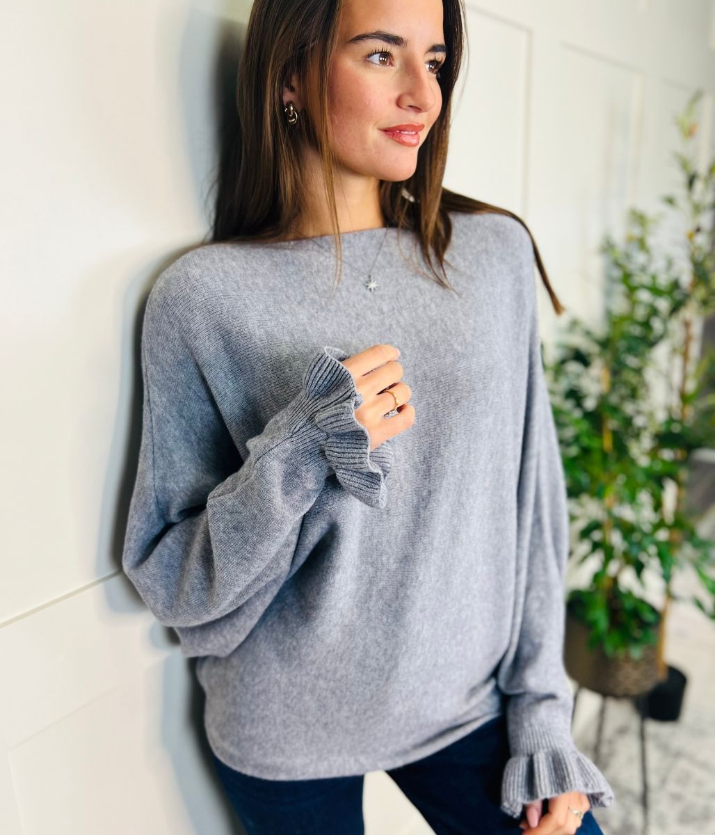 Grey Ruffle Sleeve Batwing Jumper Highstreet Outlet UK