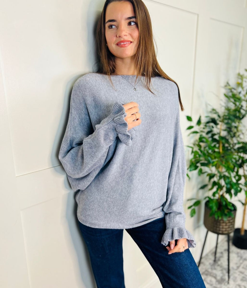 Grey Ruffle Sleeve Batwing Jumper